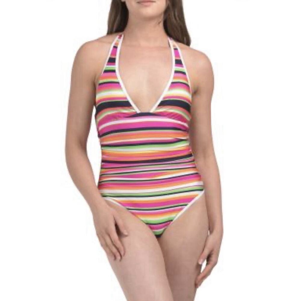 NWT Trina Turk Splash Striped One Piece Halter Plunge Swimsuit Bikini Sz 8